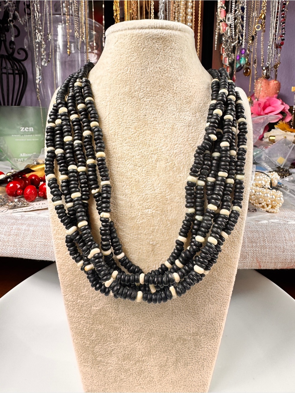Vintage Black and Ivory Multi-Strand Beaded Necklace